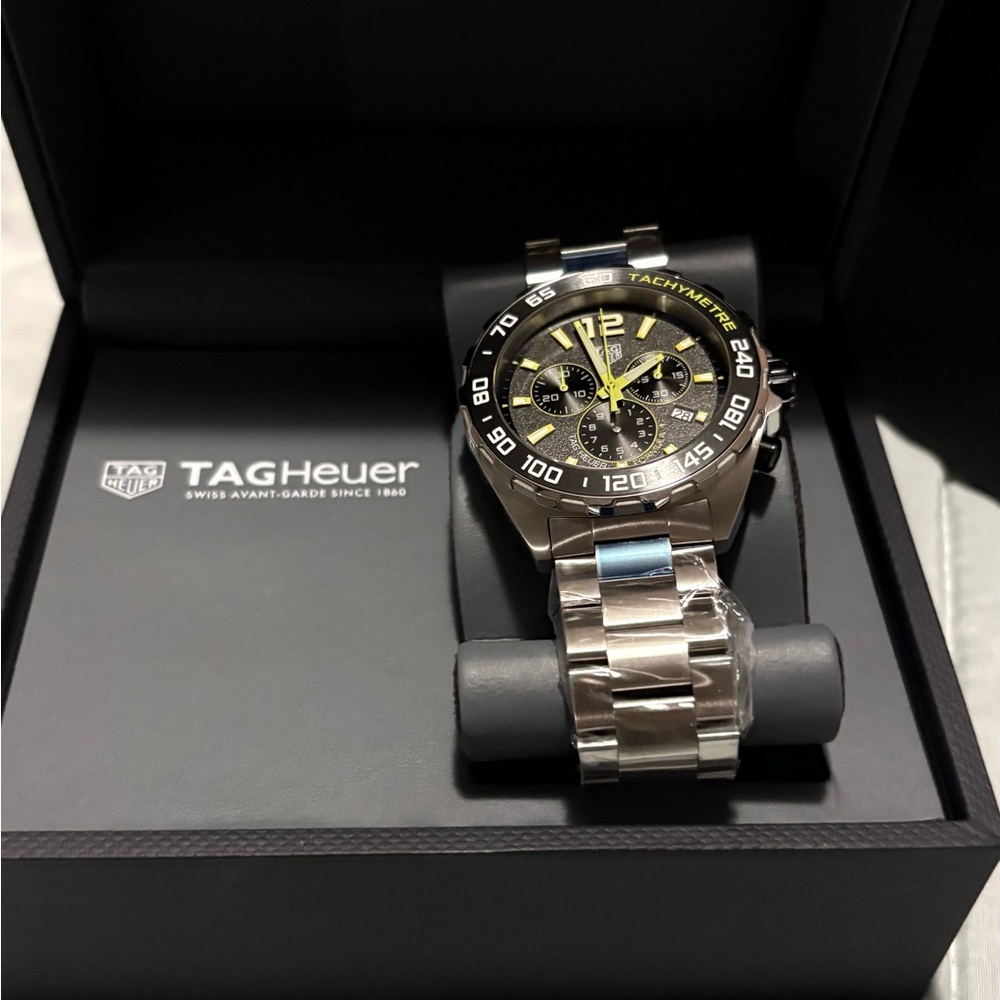 TAG Heuer Stainless Steel Chronograph Watch with Black and Yellow Dial
